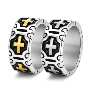 Vintage punk cross rings in gold and silver titanium steel with retro engraved patterns