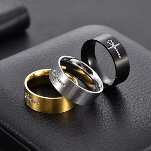 Men's 8mm brushed stainless steel Ankh cross rings with diamonds in gold, silver, and black