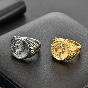 Vintage Roman Empire Caesar coin rings in gold and silver steel with laurel leaf patterns