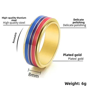 Detail showing an 8mm rotating titanium steel ring with colorful enamel stripes and gold finish