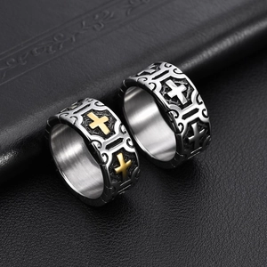 Retro punk cross rings in titanium steel with black vintage finish on leather background