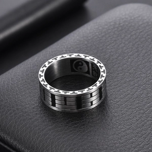 Vintage brushed stainless steel Yin Yang Tai Chi ring with Bagua engravings on black leather