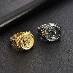 Detailed relief of Caesar on gold and silver vintage titanium steel signet rings