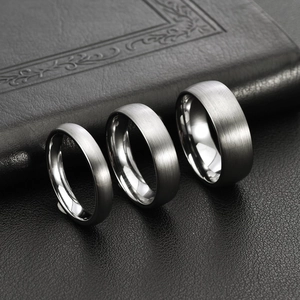 Three widths of brushed tungsten rings in 4mm 6mm 8mm on a textured black background