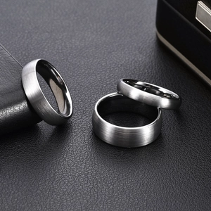 Three-piece set of silver brushed tungsten rings in various widths on black background