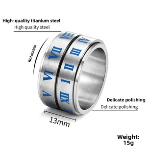 Close-up of 13mm rotatable titanium steel fidget ring with blue Roman numerals