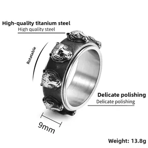 Detail view of 9mm rotatable stainless steel tiger head ring with vintage polished finish