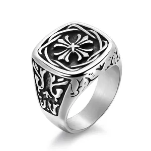 Vintage Gothic Cross Signet Ring Stainless Steel Retro Engraved Flower Pattern Punk Fashion Jewelry Band Ring For Men