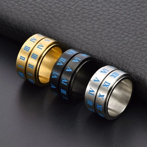 Three-piece titanium steel spinner ring set with Roman numerals in gold black and silver