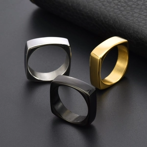 Three-piece set of 6mm square minimalist stainless steel rings in silver, gold, and black finishes