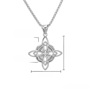 Detailed view of silver stainless steel Celtic knot pendant with intricate cross engraving