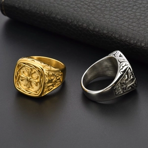 Retro stainless steel cross signet rings in gold and silver finish with gothic engraving