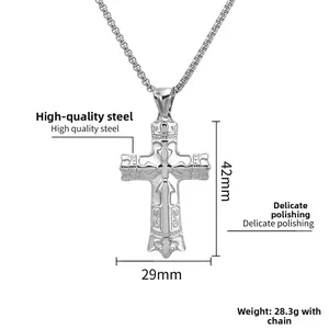 Detailed size chart of titanium steel cross pendant measuring 42mm by 29mm with 28.3g weight