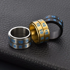 Stress-relieving spinning titanium steel rings with Roman numerals in black gold silver