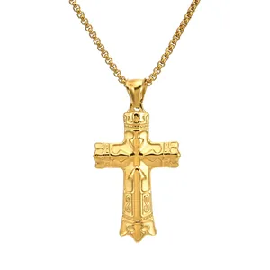 Vintage Titanium Steel Cross Pendant Necklace For Men Hip Hop Stainless Steel Embossed Pattern Cross Jewelry Gifts For Party Daily Wear