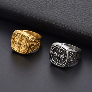 Vintage gothic titanium steel cross rings in silver and gold with ornate floral engravings