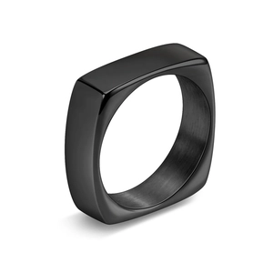 Detailed view of a 6mm square minimalist black titanium steel ring with a brushed satin finish
