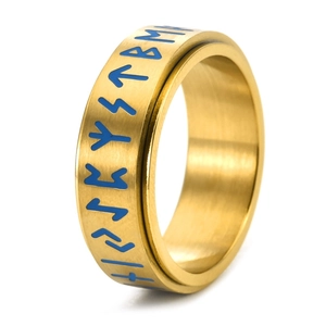 Detailed close-up of gold stainless steel spinner ring with blue Viking runes