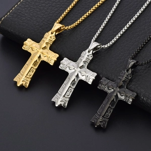 Men's hip hop cross pendant necklaces in gold, silver, and black stainless steel