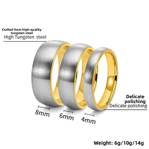 Three-piece set of brushed tungsten rings with gold interiors in 8mm, 6mm and 4mm widths