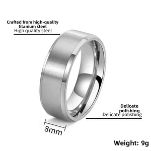 Macro shot of 8mm wide matte titanium steel men's ring with brushed texture and polished edges