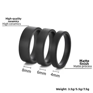 Three matte black ceramic rings in 4mm 6mm and 8mm widths showing detailed weights