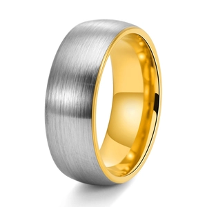 Minimalist tungsten steel ring with silver brushed surface and polished gold inner band