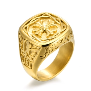 Vintage gold signet ring for men with cross relief and engraved floral patterns
