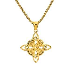 Close-up of golden Viking Celtic knot pendant on a box chain with metallic luster