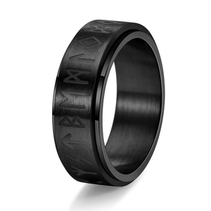 Men's black brushed stainless steel spinning ring with luminous Viking Nordic runes
