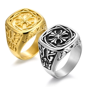 Retro stainless steel signet rings with embossed cross star in gold and silver finish