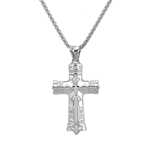 Men's silver titanium steel cross pendant necklace with vintage embossed patterns