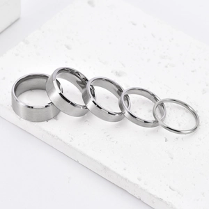 Set of five brushed titanium steel rings in varying widths from 2mm to 10mm