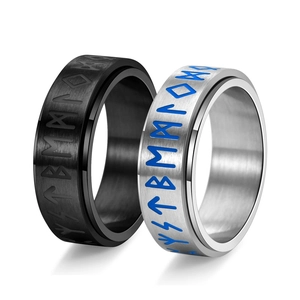 Black and silver Viking runes rotatable stainless steel spinner rings for men and women
