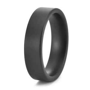 Minimalist matte black ceramic ring with a 4mm to 8mm width on a white background