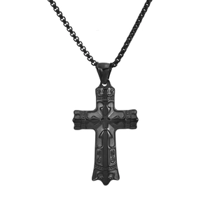 Men's fashion cross pendant necklace in black titanium steel with a vintage box chain