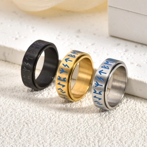 Nordic Viking rune rotatable stainless steel rings in black, gold and silver finishes