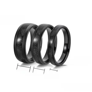 Black tungsten steel rings showing 8mm, 6mm and 4mm widths with brushed inlay detail