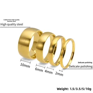 Comparison of golden titanium steel rings in 2mm, 4mm, 6mm, and 10mm widths with weights