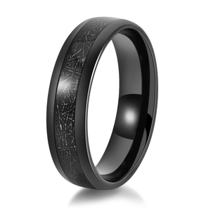 Polished black tungsten ring for men and women featuring a unique textured center inlay