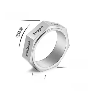 Detail of 8mm rotatable titanium steel ring with Hope and Faith engravings