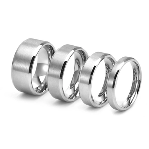 Detail showing gradient widths of brushed titanium steel rings with polished edges
