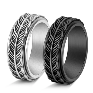 Vintage stainless steel feather spinning rings in silver and black colors for men