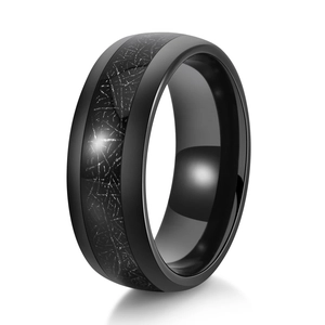 Polished black tungsten steel ring with silver textured inlay and mirror finish