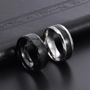 Men's titanium steel diamond edge rings with black textured inlay in silver and black