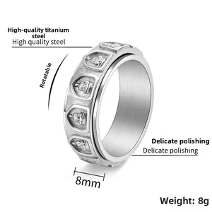 Detailed shot of 8mm rotating titanium steel ring featuring 18 Arhats relief carving