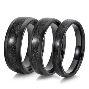 Detailed comparison of black tungsten rings in three widths with textured silver inlay