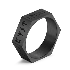 Bague viking hexagonale noire en acier titane brossé pour hommes avec runes