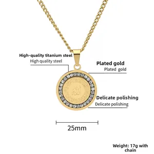 Detail of 18K gold-plated titanium steel round pendant with zircons and Arabic engraving