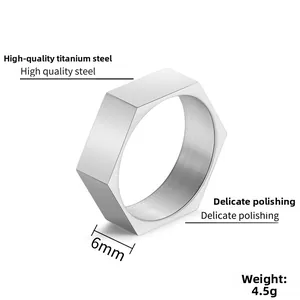 Vue détaillée d'une bague hexagonale en acier titane de 6mm montrant polissage et mesures